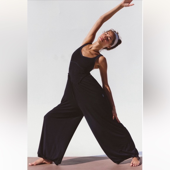 Free People FP Movement Smockin' Hot Wide Leg Onesie Jumpsuit Black